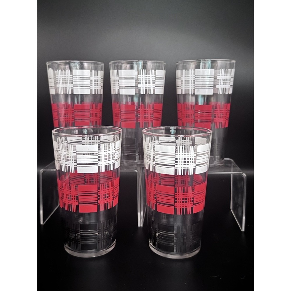 (5) Vintage Barware Hi-Ball Cocktail Glass Tumblers Black White & Red Plaid 5" T